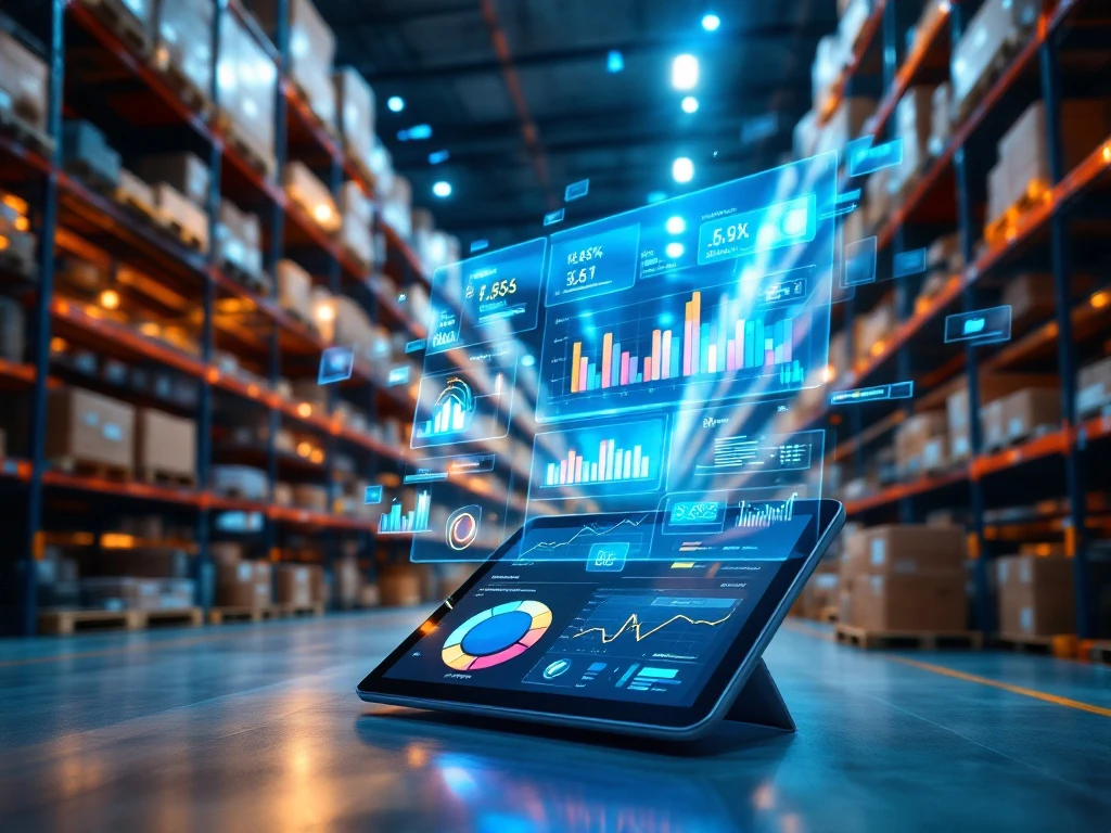 Digitale tablet toont warehouse analytics dashboard met holografische data in moderne magazijn met pallets en LED verlichting