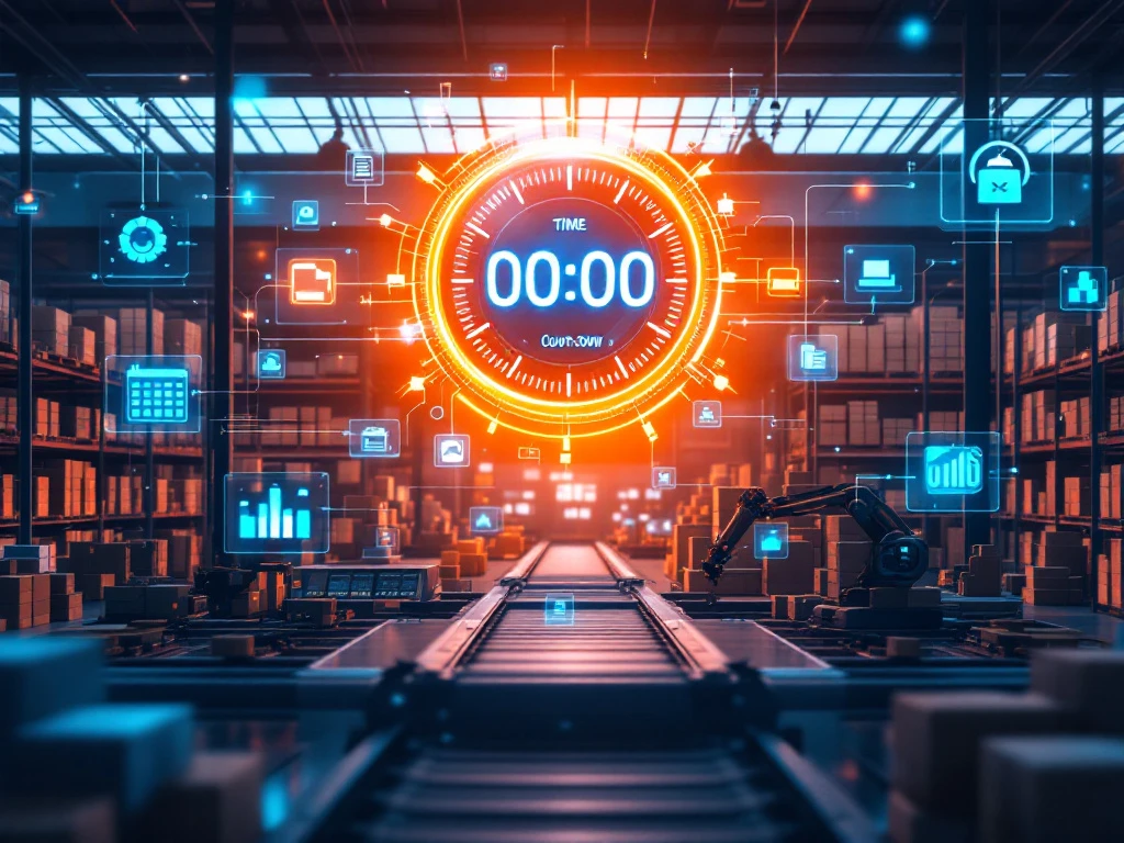 Moderne magazijn met digitale klok, geautomatiseerde transportsystemen en tijdlijn-displays in blauw-oranje verlichting