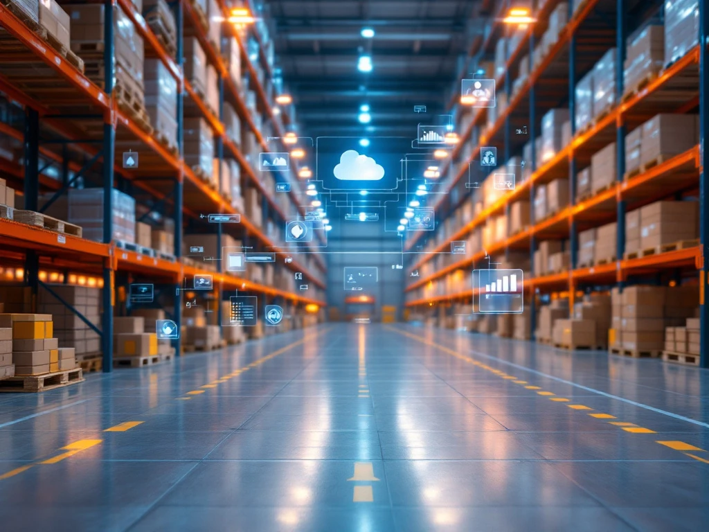 Moderne magazijnruimte met digitale transformatie technologie, holografische data-overlays en georganiseerde opslagsystemen