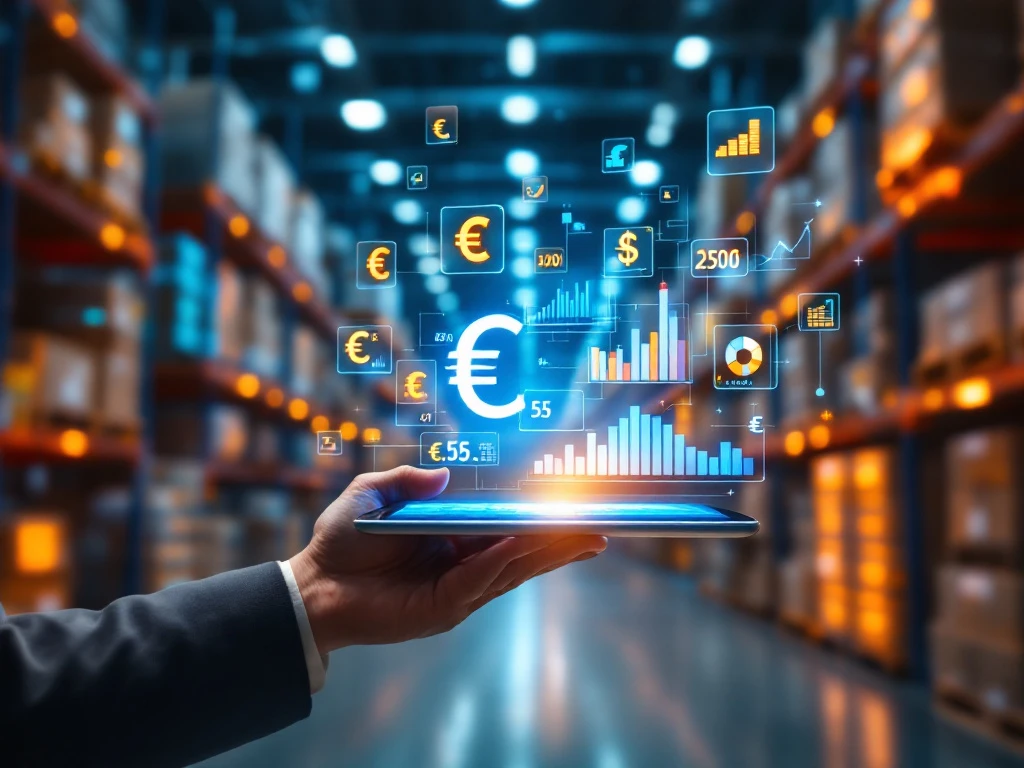 Moderne magazijnlogistiek met holografische prijslabels, tablet met kostenvergelijkingsgrafieken en geautomatiseerde opslagsystemen