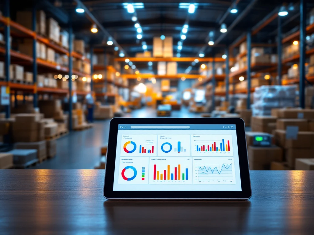 Moderne kleine bedrijfsmagazijn met georganiseerde voorraadrekken, transportbanden en tablet met dashboard analytics