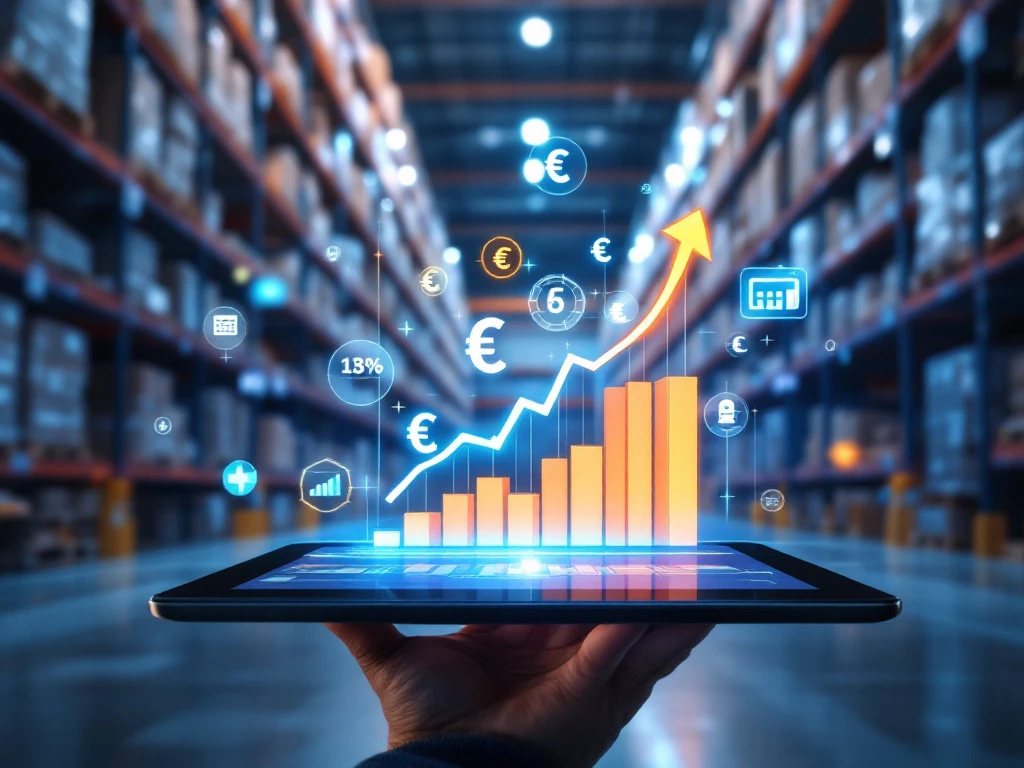 Moderne magazijninterior met tablet die kostenanalyse grafieken toont, omringd door holografische euro symbolen