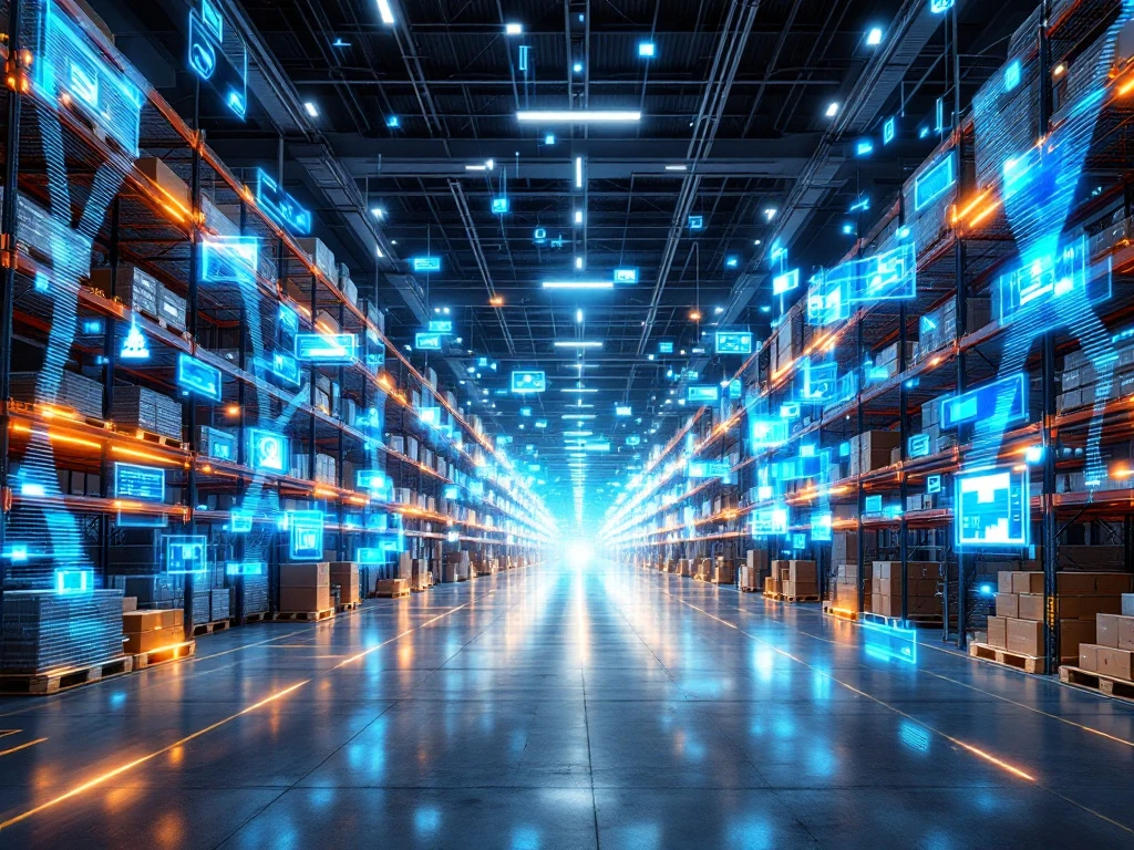 Moderne magazijninterieur met schaalbare WMS-technologie, geautomatiseerde systemen en holografische datastromen