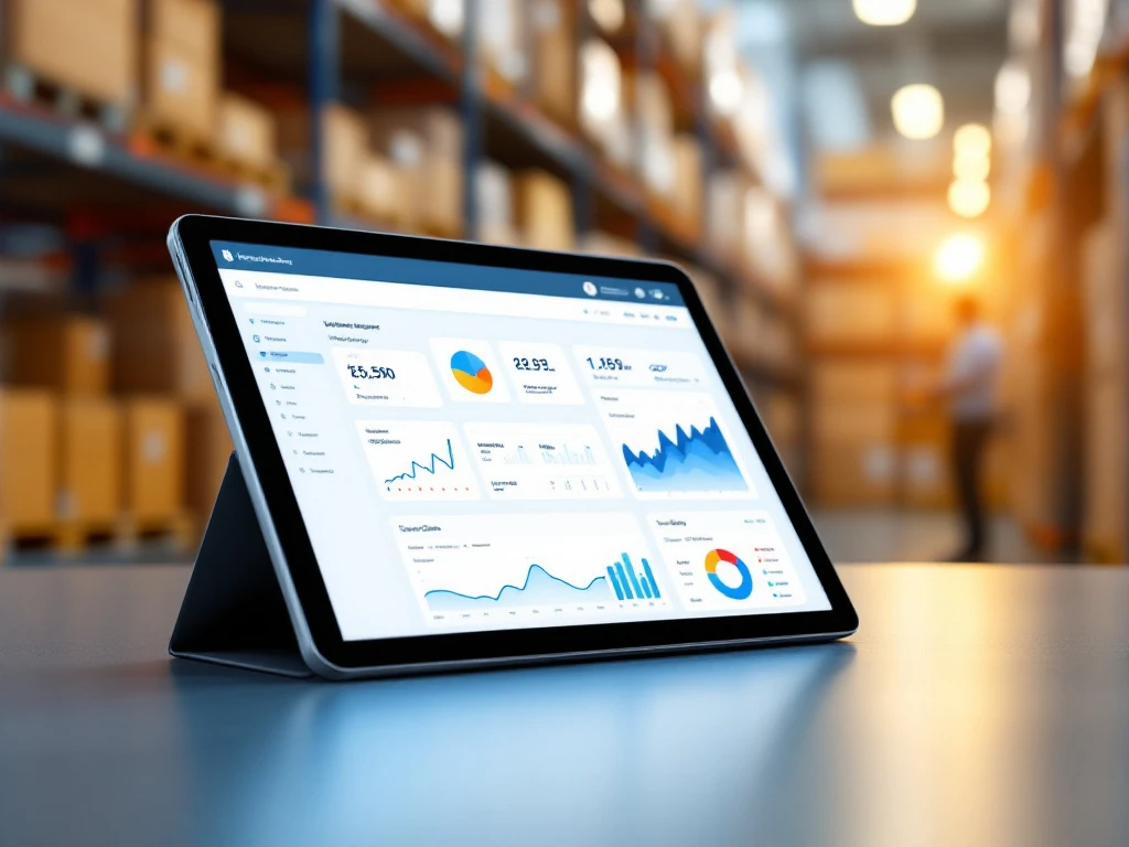 Moderne tablet toont warehouse management dashboard met voorraadgegevens op bureau, magazijnstellingen op achtergrond