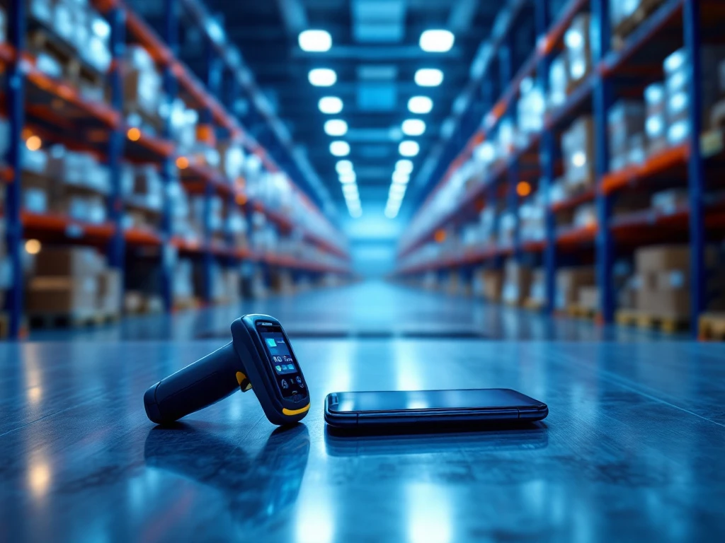 Mobiele barcode scanner en smartphone met magazijnbeheer-app op metalen oppervlak in georganiseerd distributiecentrum