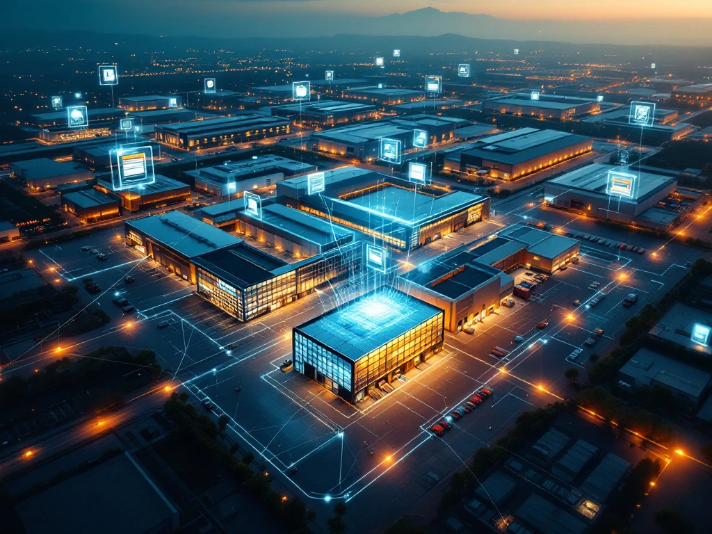 Luchtfoto van onderling verbonden magazijncomplexen met gloeiende digitale datapaden en holografische inventarisinterfaces