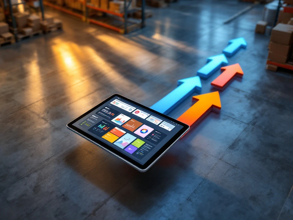 Tablet met dashboard-interface zweeft boven moderne magazijnvloer met opslagrekken en blauwe navigatiepijlen