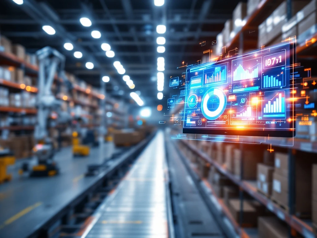 Moderne magazijninterieur met holografische dashboards, geautomatiseerde transportsystemen en robotica onder LED-verlichting