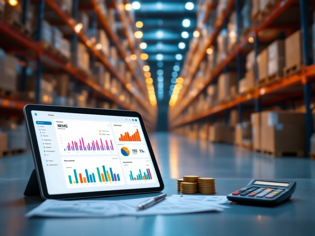 Moderne magazijnbeheersoftware op tablet met dashboard, georganiseerde stellingen en pallets op achtergrond