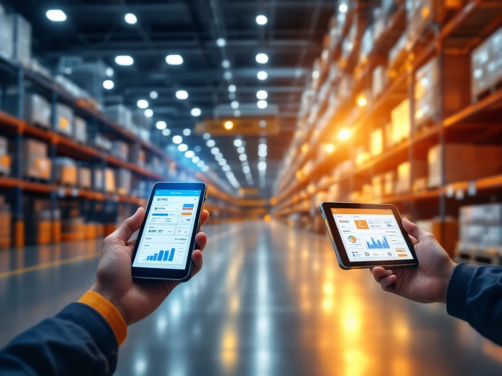 Magazijnmedewerkers gebruiken handhelds en tablets met WMS-software tussen moderne stellingen en geautomatiseerde transportsystemen