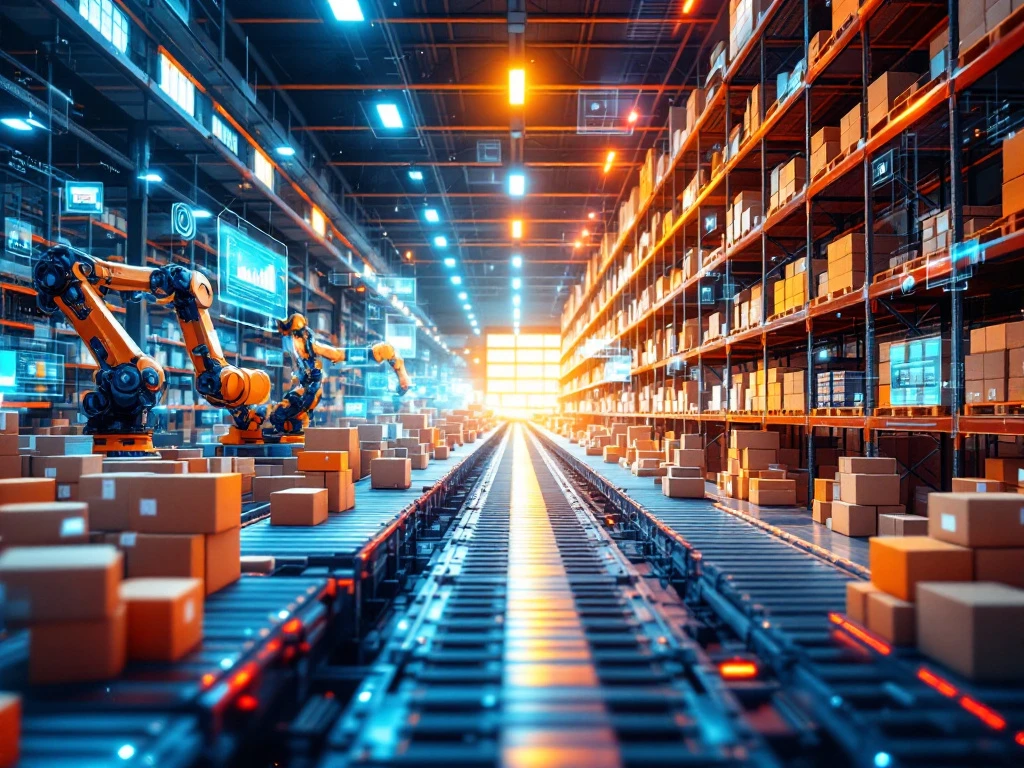 Moderne e-commerce magazijn met geautomatiseerde transportbanden, robotarmen en digitale schermen voor voorraad