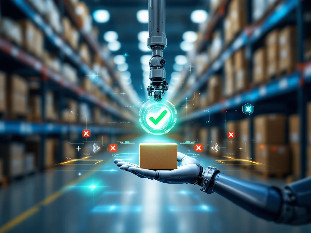 Robotische plukarm selecteert correct product van magazijnrek met groene vinkje hologram en LED-verlichting