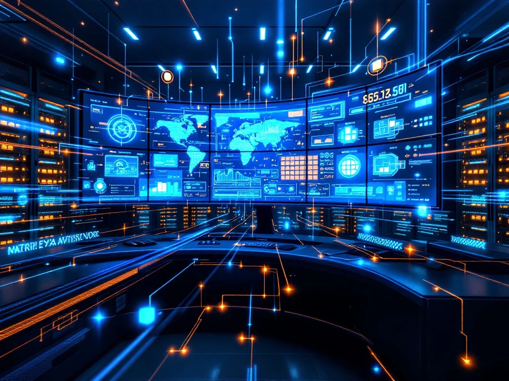 Modern warehouse control room with multiple monitors displaying real-time inventory data, server racks, and digital connectivity systems.