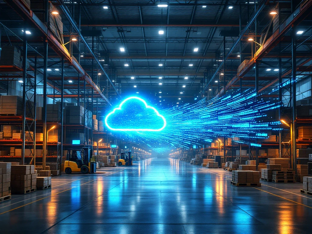 Digital data stream flows from legacy computers to modern cloud servers in industrial warehouse with shelving and forklifts