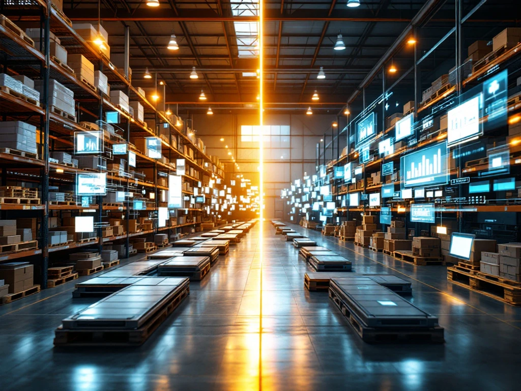 Warehouse interior showing digital transformation from paper-based systems to automated technology with screens and scanners