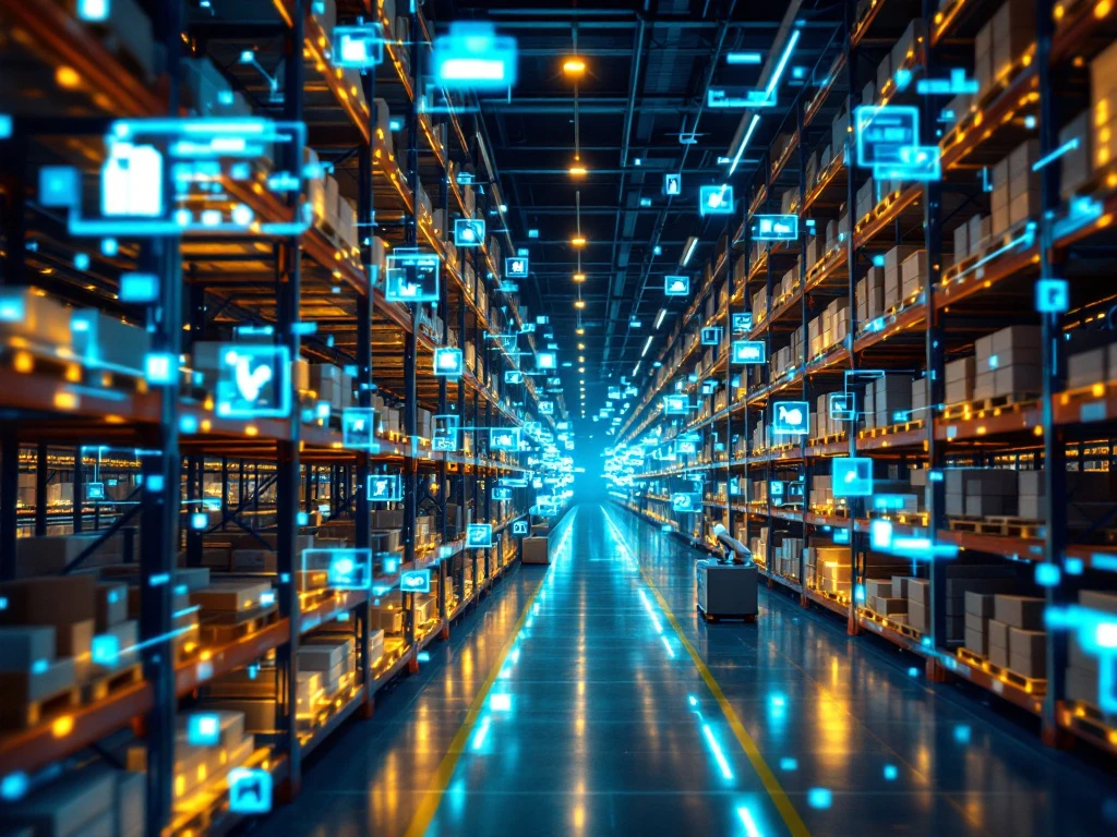 Modern warehouse interior with robotic automation, digital inventory labels, and holographic data displays on organized shelves