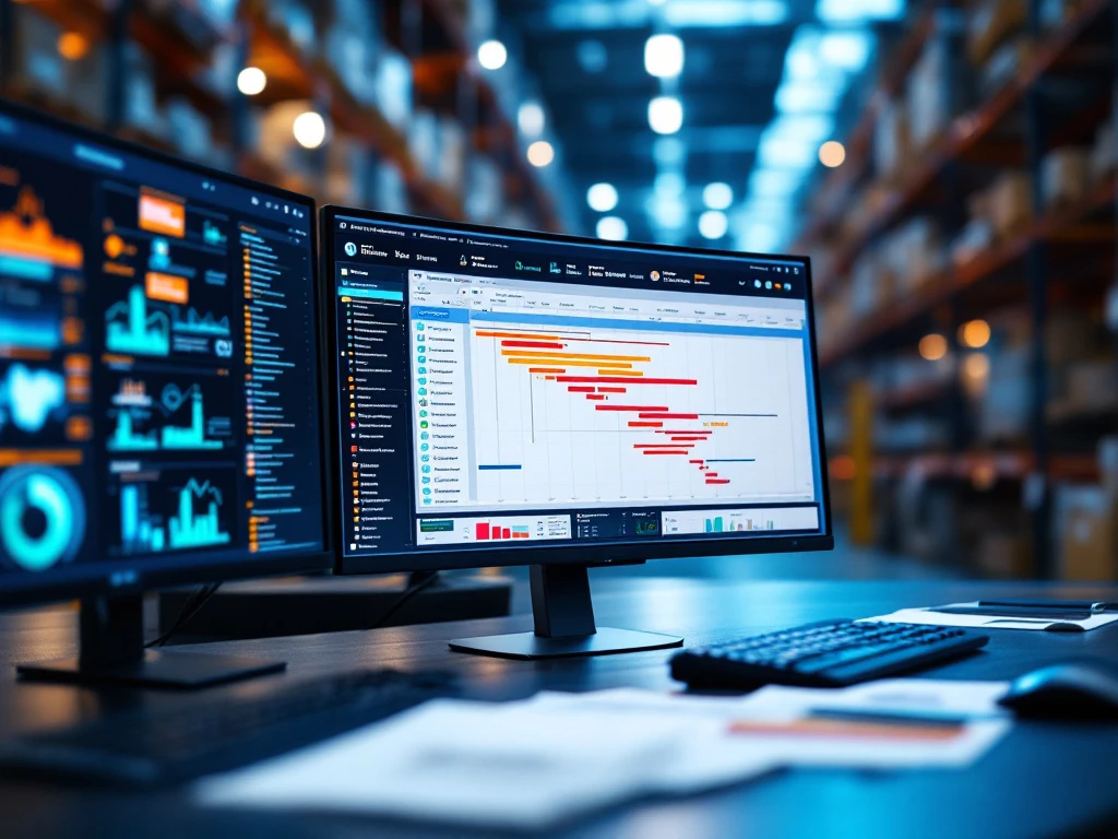 Warehouse controleruimte met meerdere monitors die Gantt-grafieken en projectroadmaps tonen voor software-implementatie