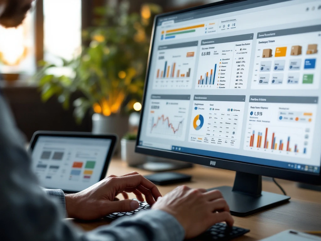 Logistics professional comparing warehouse management system dashboards on computer screen with tablet showing e-commerce data nearby