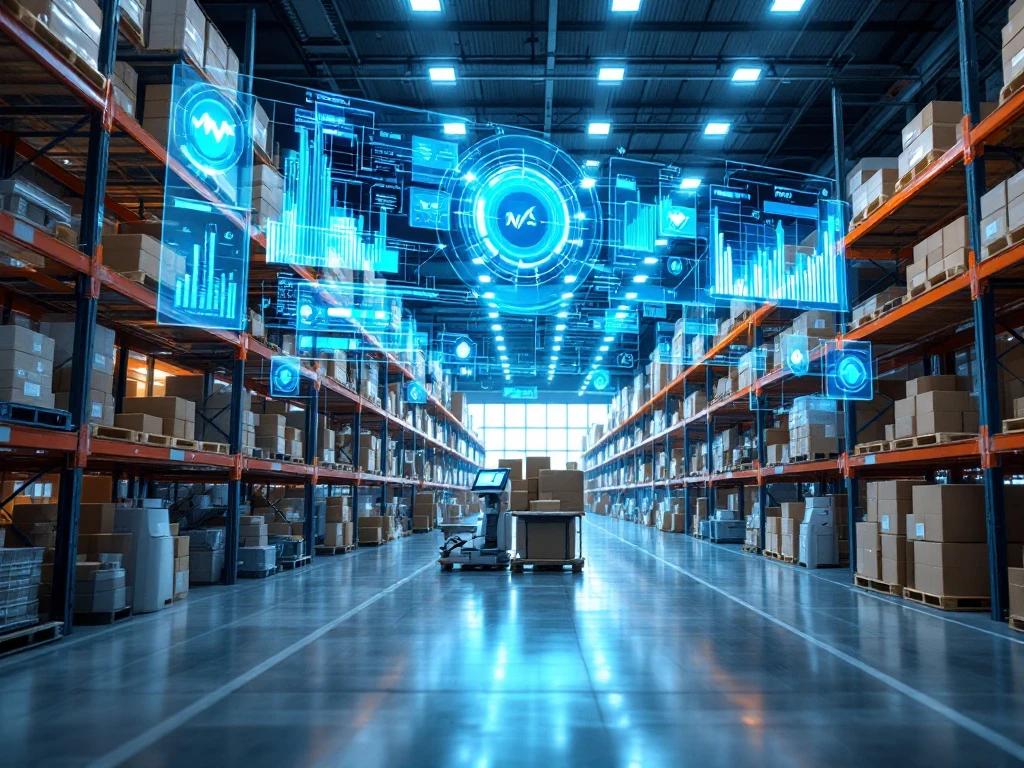 Modern warehouse interior with digital dashboard screens displaying real-time analytics and holographic data visualizations above inventory shelves.