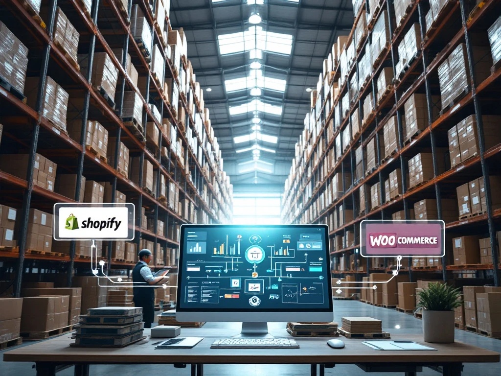 Modern warehouse with workers using handheld scanners while computer displays show Shopify and WooCommerce integration dashboards