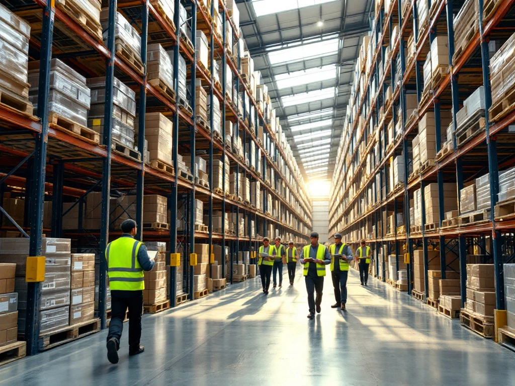 Workers in safety vests using scanners and tablets in modern warehouse with tall steel shelving and organized inventory pallets