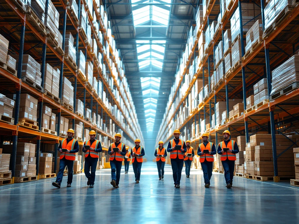 Warehouse workers in safety vests using scanners among tall steel shelving with organized pallets in modern facility.