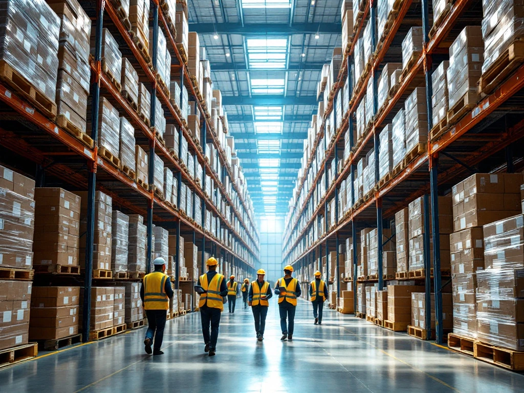 Workers in safety vests use scanners in modern warehouse with tall steel shelving systems and stacked pallets under bright lighting.