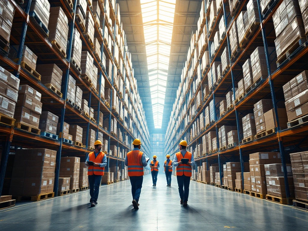 Warehouse workers in safety gear use scanners for order picking among tall storage racks with pallets under industrial lighting.