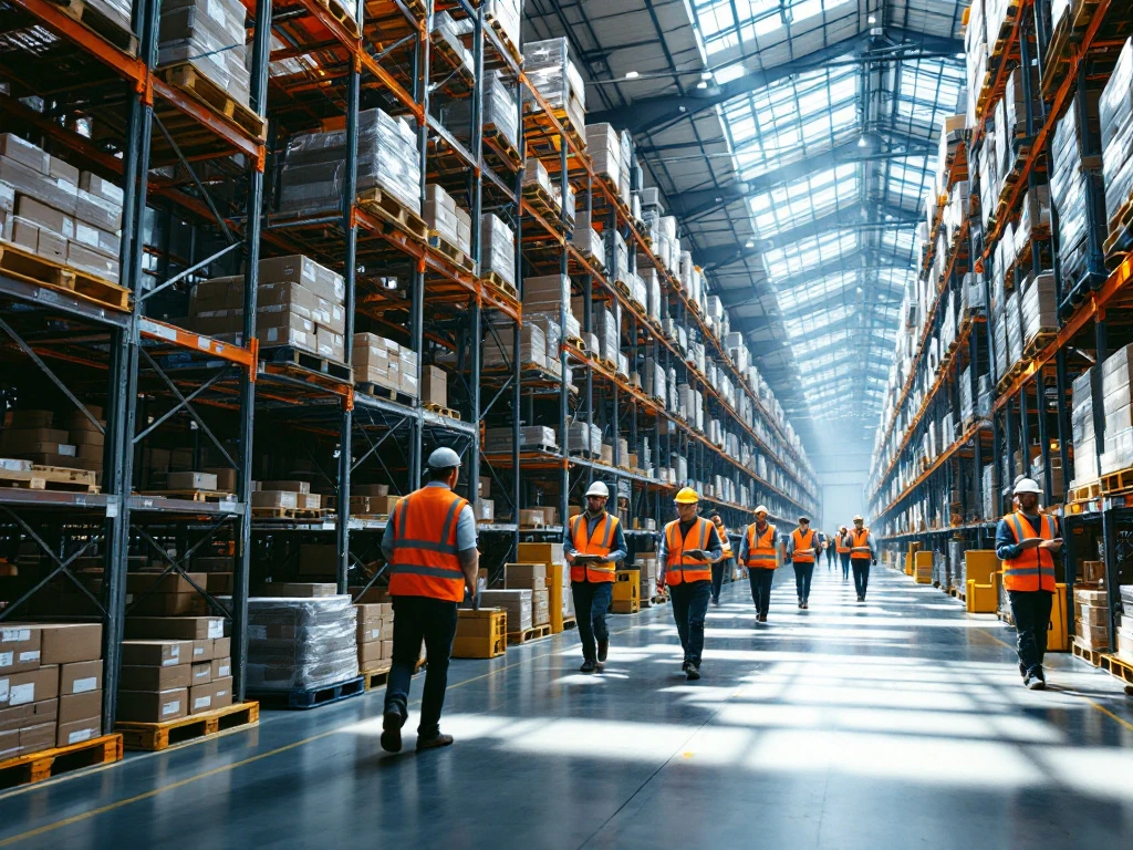 Workers in safety vests using scanners in modern warehouse with tall steel shelving systems and organized pallets