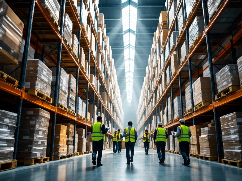 Workers in safety vests use scanners in modern warehouse with tall metal shelving systems and stacked pallets under skylights.