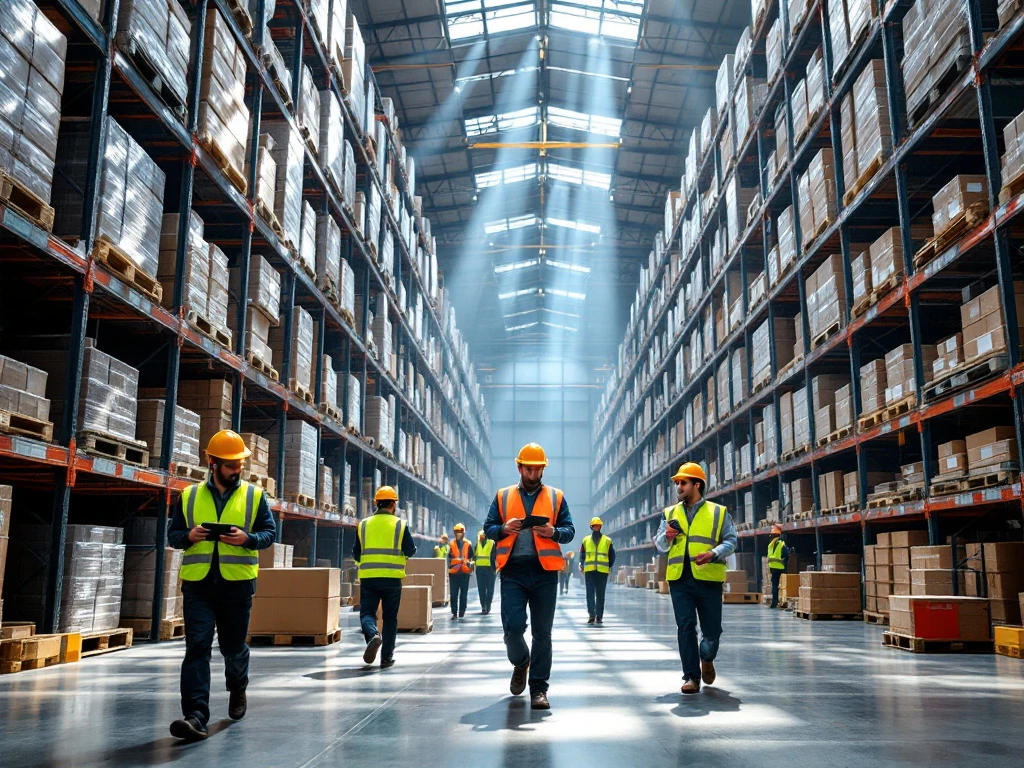 Workers in safety vests using handheld scanners in modern warehouse with tall steel shelving and stacked pallets
