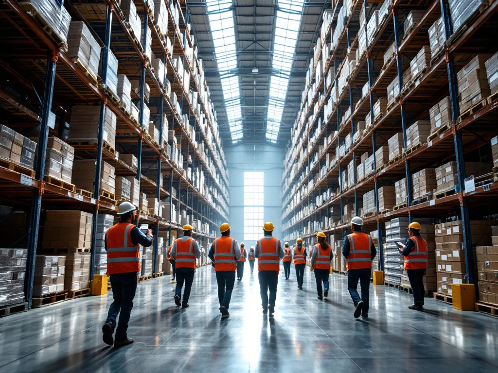 Workers in safety gear operate handheld scanners among towering warehouse shelving systems filled with stacked pallets