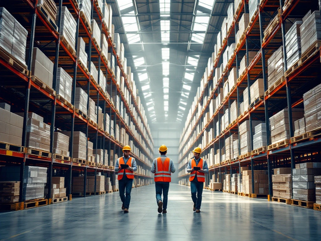 Workers in safety gear use handheld scanners for order picking in modern warehouse with tall steel shelving and stacked pallets.