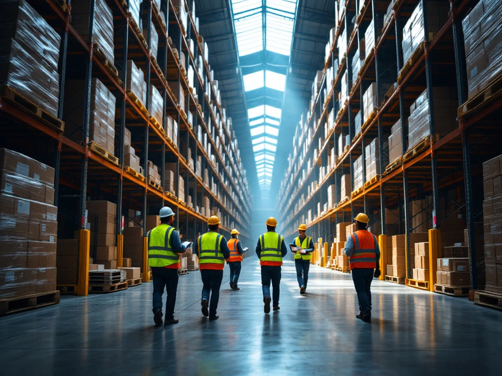 Warehouse workers in safety vests using scanners among tall steel shelving systems filled with organized pallets