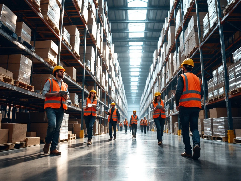 Workers in safety vests using scanners in modern warehouse with tall steel shelving and stacked pallets under skylights