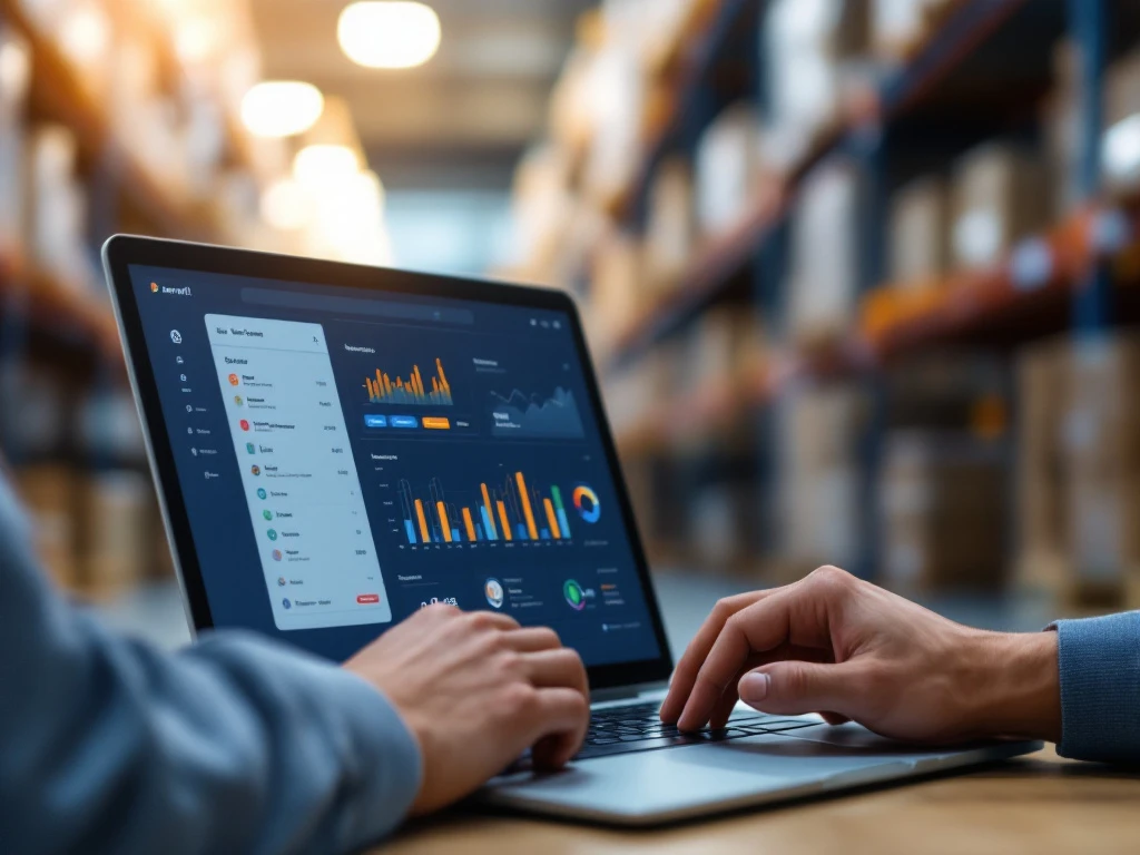 Professional using laptop displaying colorful WMS dashboard with analytics charts in modern warehouse setting
