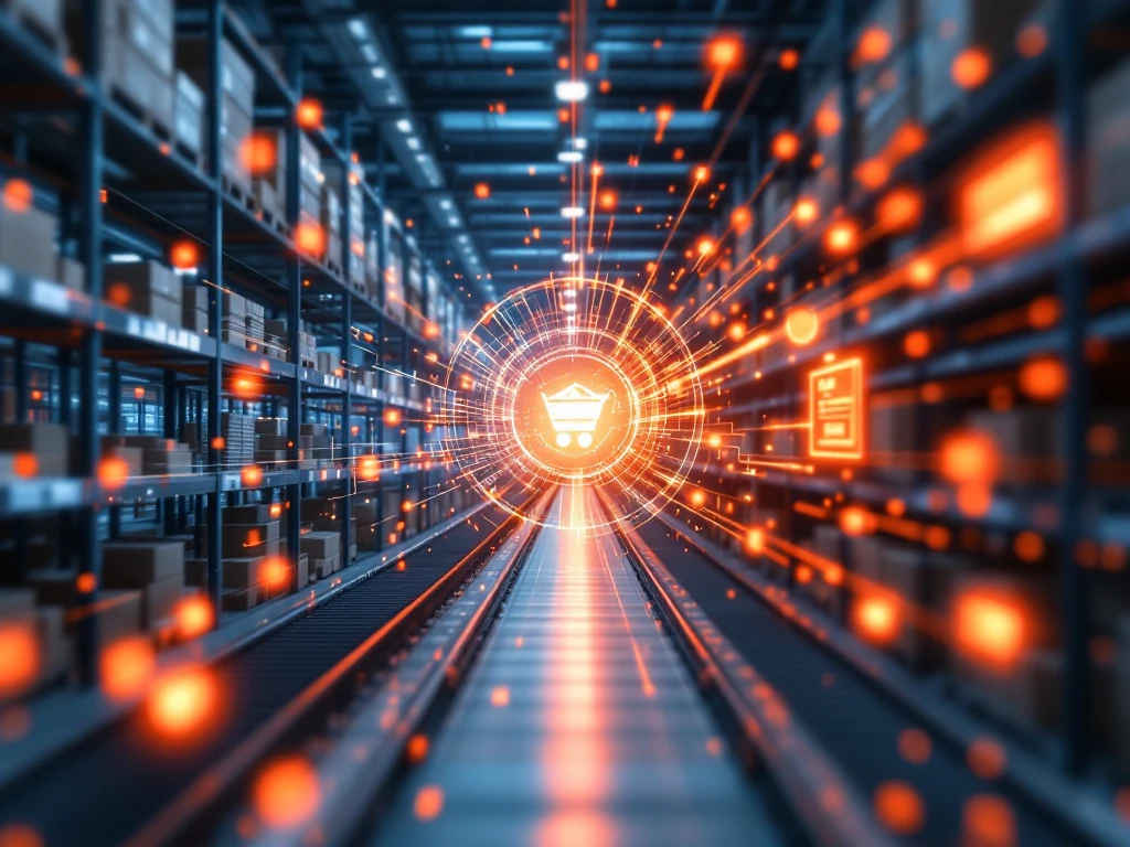 Magazijnbeheersysteem synchroniseert data met e-commerce platforms via gloeiende datastromen tussen geautomatiseerd magazijn en online winkels