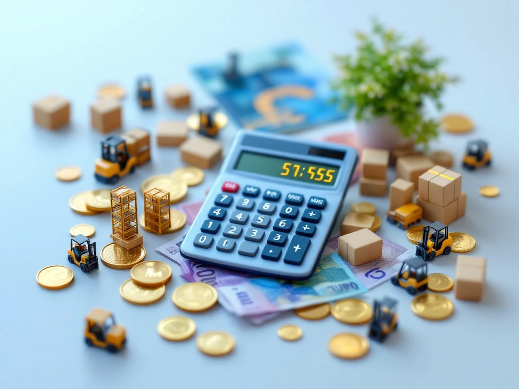 Calculator toont kostenberekening omringd door miniatuur magazijnelementen, heftrucks, rekken en euromunten