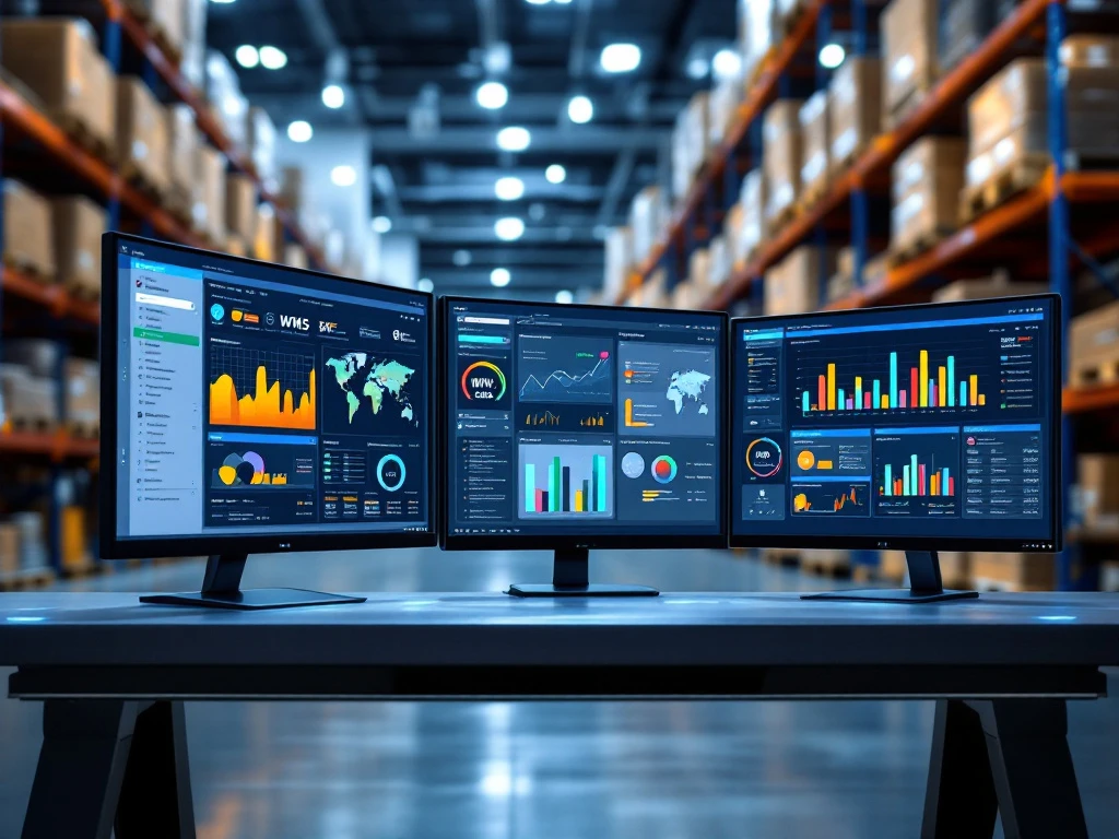 Drie computerwerkstations tonen verschillende WMS-dashboards met datavisualisaties in moderne magazijnomgeving