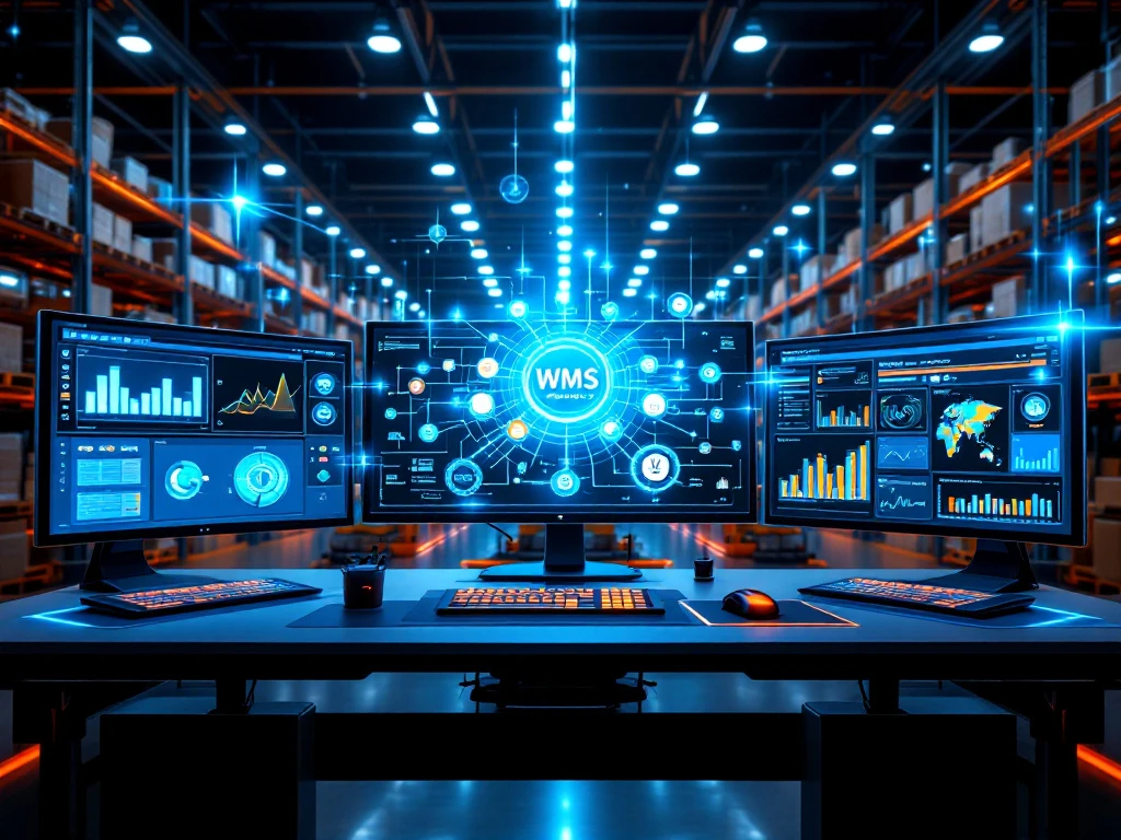 Moderne magazijnbeheerscentrum met WMS-software interface die e-commerce platforms en distributiekanalen verbindt