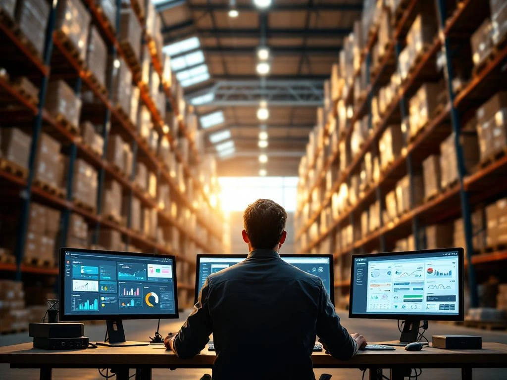 Logistics professional using ERP software at computer workstation in modern warehouse with organized storage racks and pallets.