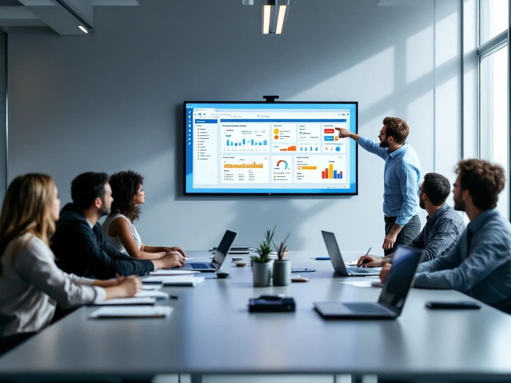 Business professionals in modern conference room learning Exact Online WMS software on laptops and wall monitor display.