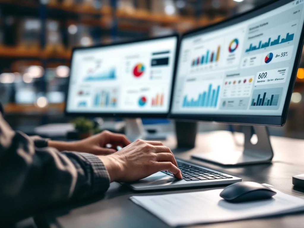 Logistics professional typing on laptop with e-commerce dashboards showing real-time inventory data on multiple screens