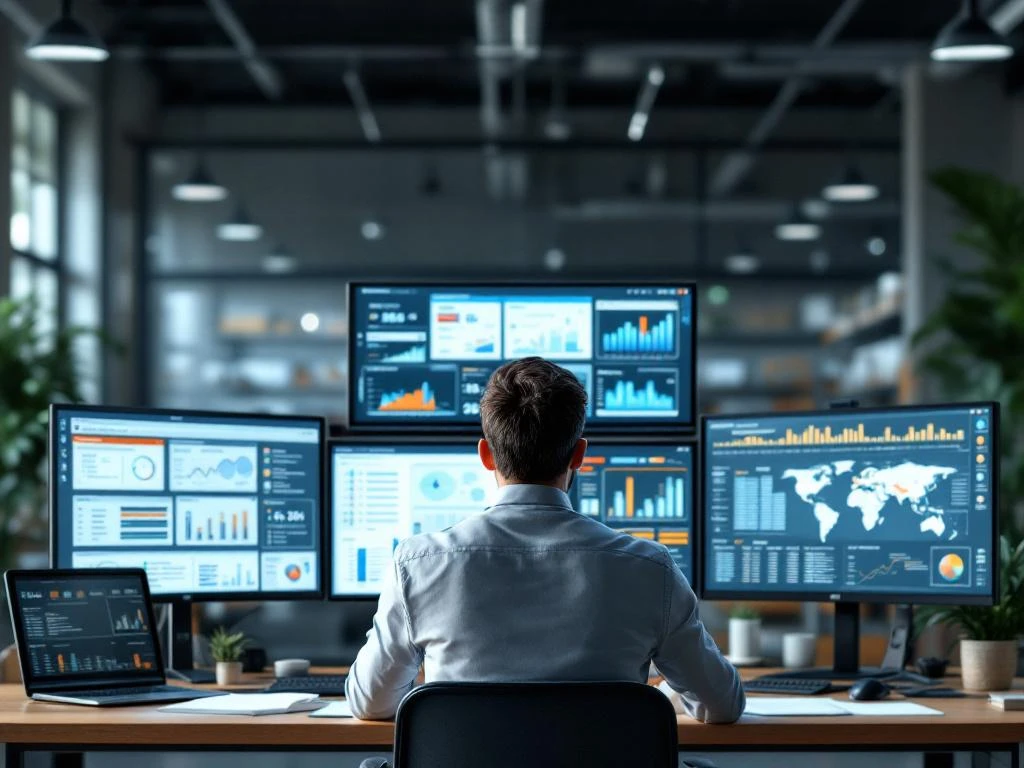 Logistics professional analyzing Oracle WMS dashboard with cost charts and 2026 implementation timelines on multiple monitors.
