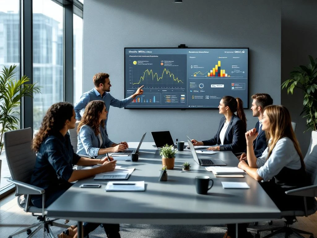 Logistics professionals meeting around conference table discussing Oracle WMS implementation with project charts on wall monitor