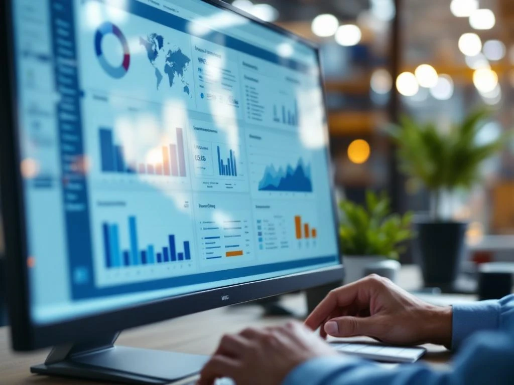 Logistics professional using Oracle WMS software on computer monitor displaying inventory data and warehouse management dashboard