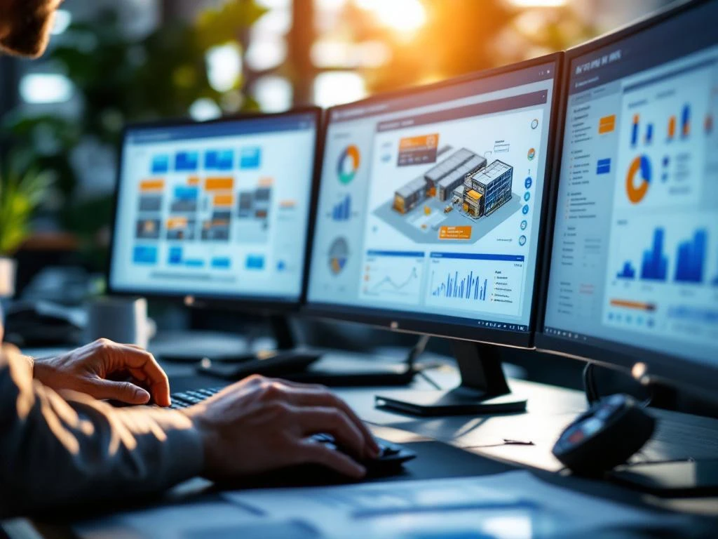 Logistics professional working at computer monitors displaying SAP WMS integration dashboards and warehouse system data.