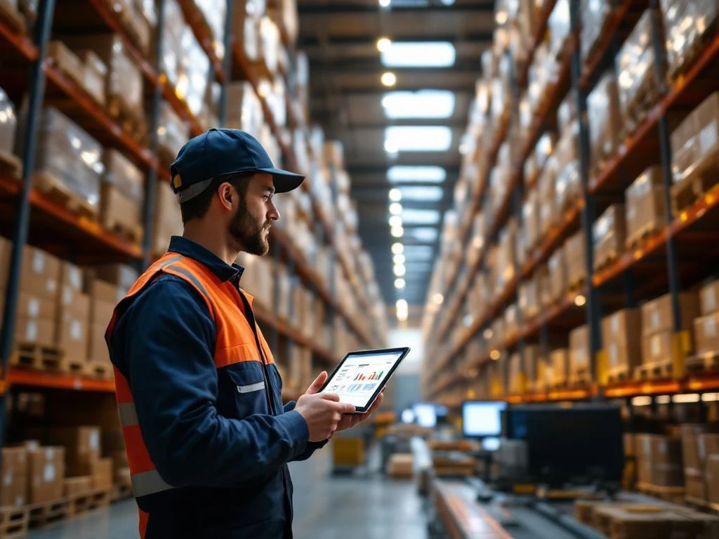 Logistics worker with tablet showing e-commerce dashboard in modern warehouse with automated shelving and fulfillment systems
