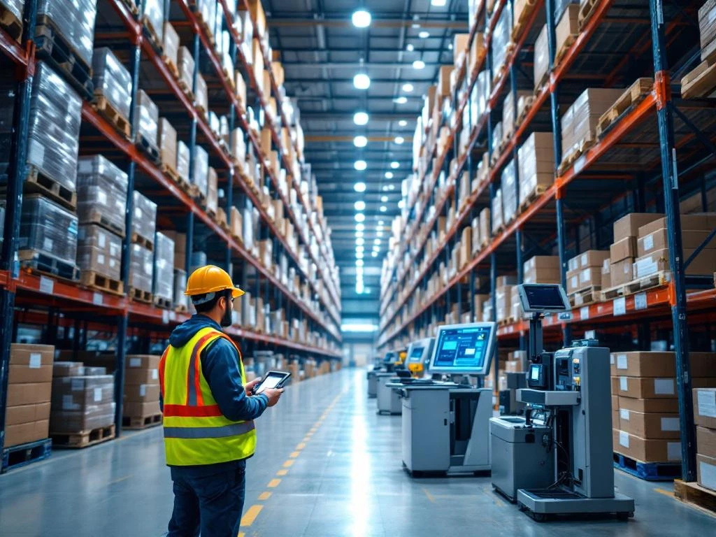 Warehouse worker using handheld scanner in modern automated facility with organized inventory shelving and digital systems.