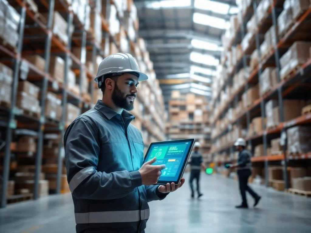 Warehouse worker using digital tablet for inventory management in modern facility with organized shelving and team scanning